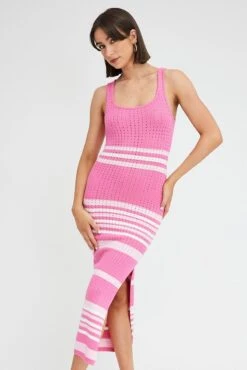 Pink Stripe Knit Dress Sleeveless Midi -Midi Dresses Style DD3176 12PB STRIPE 2