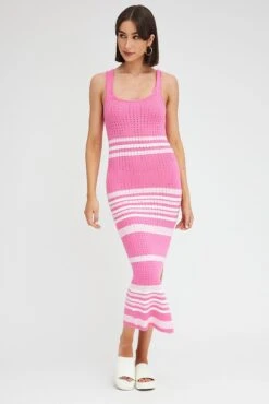 Pink Stripe Knit Dress Sleeveless Midi -Midi Dresses Style DD3176 12PB STRIPE 3