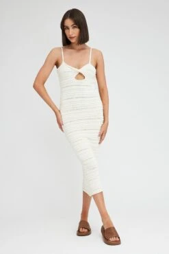 White Knit Dress Twisted Bust Midi -Midi Dresses Style DD3177 12PB WHITE 3