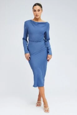 Ink Long Sleeve Satin Slip Midi Dress -Midi Dresses Style ED14533A 80B INK 3