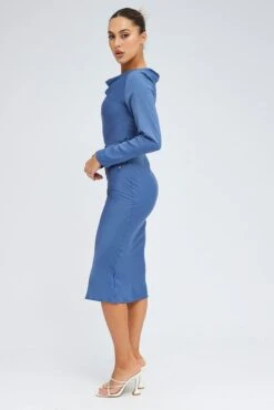 Ink Long Sleeve Satin Slip Midi Dress -Midi Dresses Style ED14533A 80B INK 4