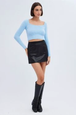 Blue Knit Top Long Sleeve Square Neck -Midi Dresses Style KN2226 40PB Blue 2