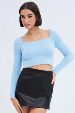 Blue Knit Top Long Sleeve Square Neck -Midi Dresses Style KN2226 40PB Blue 3