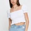 White Crop Top Short Sleeve Square Neck Shirred Waist -Midi Dresses Style bardot white crop top short sleeve square neck shirred waist 32966866043073
