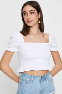White Crop Top Short Sleeve Square Neck Shirred Waist -Midi Dresses Style bardot white crop top short sleeve square neck shirred waist 32966866206913