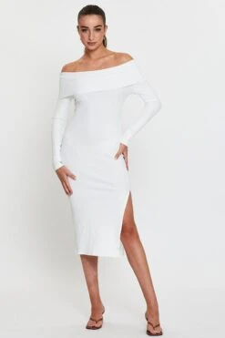 White Midi Dress Off Shoulder Long Sleeve -Midi Dresses Style bodycon dress white midi dress off shoulder long sleeve 32965208309953