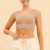 Beige Seamless Tank Top Scoop Neck Rib Crop -Midi Dresses Style bra crop top camel seamless tank top scoop neck rib crop 32965102371009