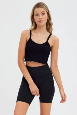 Black Crop Singlet Top Round Neck