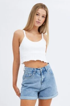 White Crop Singlet Top Round Neck