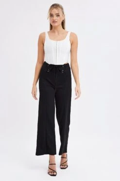 Black Straight Leg Pants High Rise Lace Up Jersey -Midi Dresses Style bt0050 38cb black 3