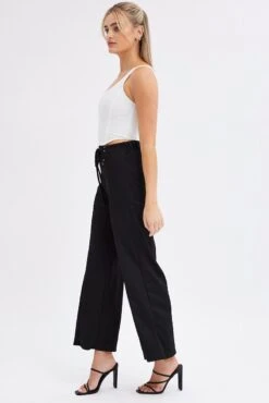 Black Straight Leg Pants High Rise Lace Up Jersey -Midi Dresses Style bt0050 38cb black 4