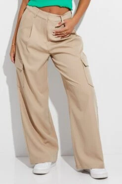 Beige Wide Leg Pants High Rise Cargo Tailored -Midi Dresses Style bt0056x 34cb beige 3