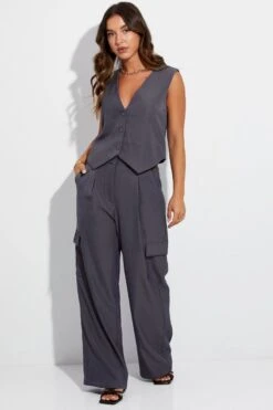 Grey Wide Leg Pants High Rise Cargo Tailored -Midi Dresses Style bt0056x 34cb charcoal 3