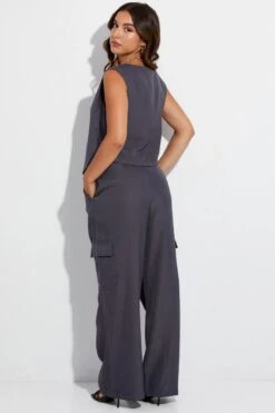 Grey Wide Leg Pants High Rise Cargo Tailored -Midi Dresses Style bt0056x 34cb charcoal 5