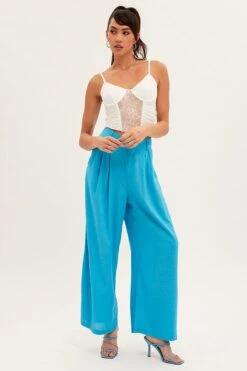Blue Wide Leg Pants High Rise Linen Blend -Midi Dresses Style bt1134a 34p ocean 3