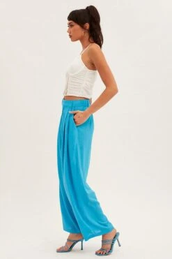 Blue Wide Leg Pants High Rise Linen Blend -Midi Dresses Style bt1134a 34p ocean 4