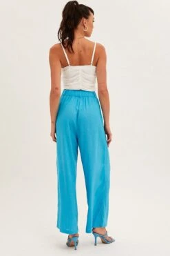 Blue Wide Leg Pants High Rise Linen Blend -Midi Dresses Style bt1134a 34p ocean 5