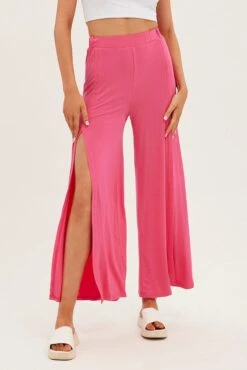 Hot Pink Wide Leg Pants High Rise Front Split -Midi Dresses Style bt2561 38pb hot pink 2