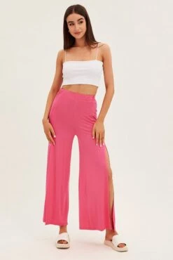 Hot Pink Wide Leg Pants High Rise Front Split -Midi Dresses Style bt2561 38pb hot pink 3