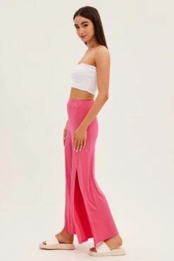 Hot Pink Wide Leg Pants High Rise Front Split -Midi Dresses Style bt2561 38pb hot pink 4
