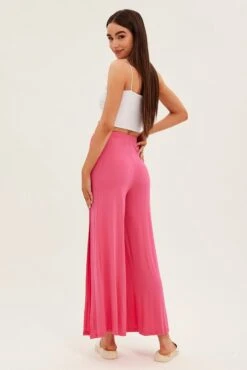 Hot Pink Wide Leg Pants High Rise Front Split -Midi Dresses Style bt2561 38pb hot pink 5