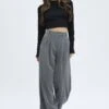 Grey Wide Leg Pants Turn Down Waist Low Rise -Midi Dresses Style bt2621 38pb charcoal 1