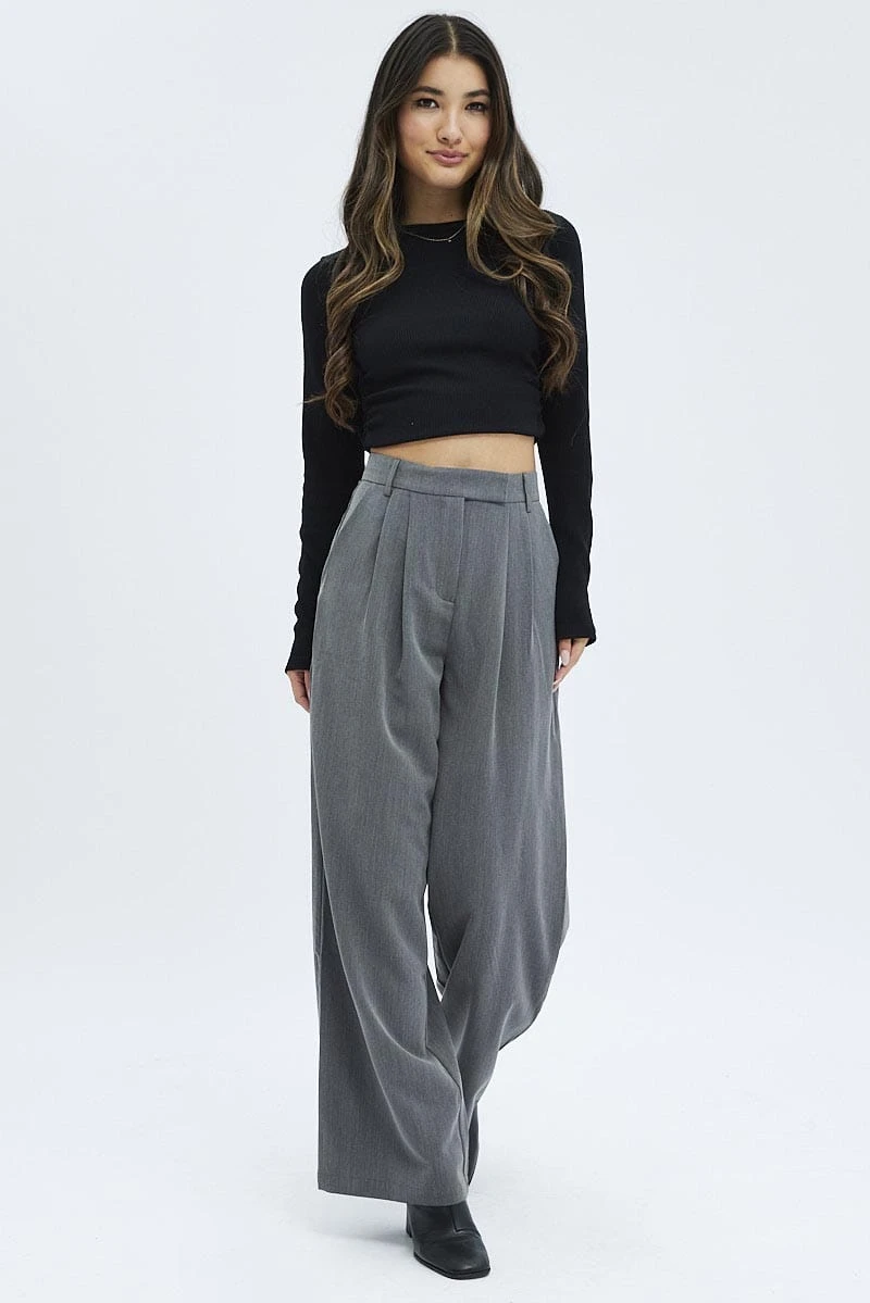Grey Wide Leg Pants Turn Down Waist Low Rise 3 Grey Wide Leg Pants Turn Down Waist Low Rise