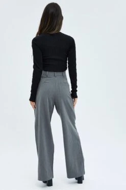 Grey Wide Leg Pants Turn Down Waist Low Rise 12 Grey Wide Leg Pants Turn Down Waist Low Rise -Midi Dresses Style bt2621 38pb charcoal 5