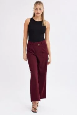 Red Wide Leg Pants Low Rise Cross Over Waistband 10 Red Wide Leg Pants Low Rise Cross Over Waistband -Midi Dresses Style bt2733 34pb burgundy 3