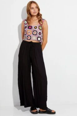 Black Wide Leg Pants High Rise Elastic Waist