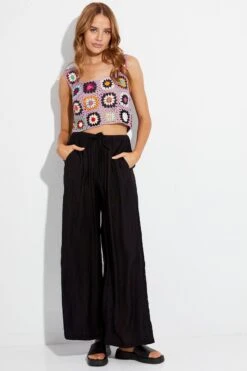 Black Wide Leg Pants High Rise Elastic Waist -Midi Dresses Style bt2754 47p black 3