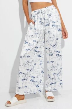 Blue Abstract Pant Elastic High Waist Wide Leg Printed Satin -Midi Dresses Style bt3001a 33mb abstract 2