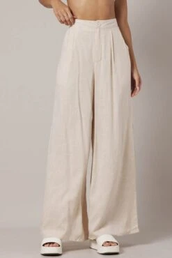 Beige Wide Leg Pants High Rise Linen Blend -Midi Dresses Style bt3053 33pb oatmeal 3