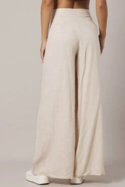 Beige Wide Leg Pants High Rise Linen Blend -Midi Dresses Style bt3053 33pb oatmeal 5