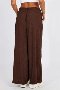 Brown Wide Leg Pants High Rise Textured Fabric -Midi Dresses Style bt3059x 47pk brown 4