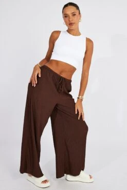 Brown Wide Leg Pants High Rise Textured Fabric -Midi Dresses Style bt3059x 47pk brown 6