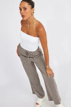 Brown Geo Wide Leg Pants Drawstring Waist