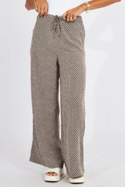 Brown Geo Wide Leg Pants Drawstring Waist -Midi Dresses Style bt3064cx 47pb geo 3