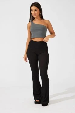 Black Flare Leg Pants Textured Jersey