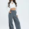 Grey Wide Leg Pants Mid Rise