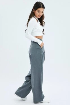 Grey Wide Leg Pants Mid Rise -Midi Dresses Style bt3126 38p charcoal 4