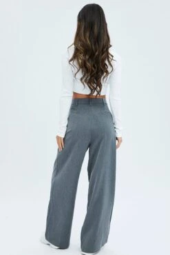 Grey Wide Leg Pants Mid Rise -Midi Dresses Style bt3126 38p charcoal 5