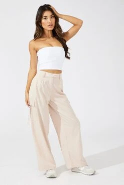 Beige Wide Leg Pants Low Rise