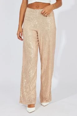 Beige Wide Leg Pants High Rise Sequin -Midi Dresses Style bt31812 47pb beige 3