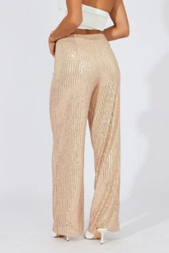 Beige Wide Leg Pants High Rise Sequin -Midi Dresses Style bt31812 47pb beige 4