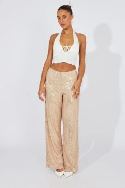 Beige Wide Leg Pants High Rise Sequin -Midi Dresses Style bt31812 47pb beige 5