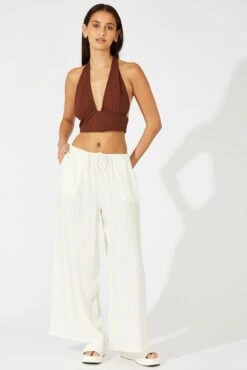 White Wide Leg Pants Low Rise Linen Blend -Midi Dresses Style bt3615 47pb white 3