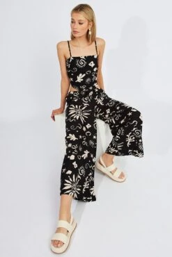 Black Abstract Wide Leg Pants High Rise Linen Blend