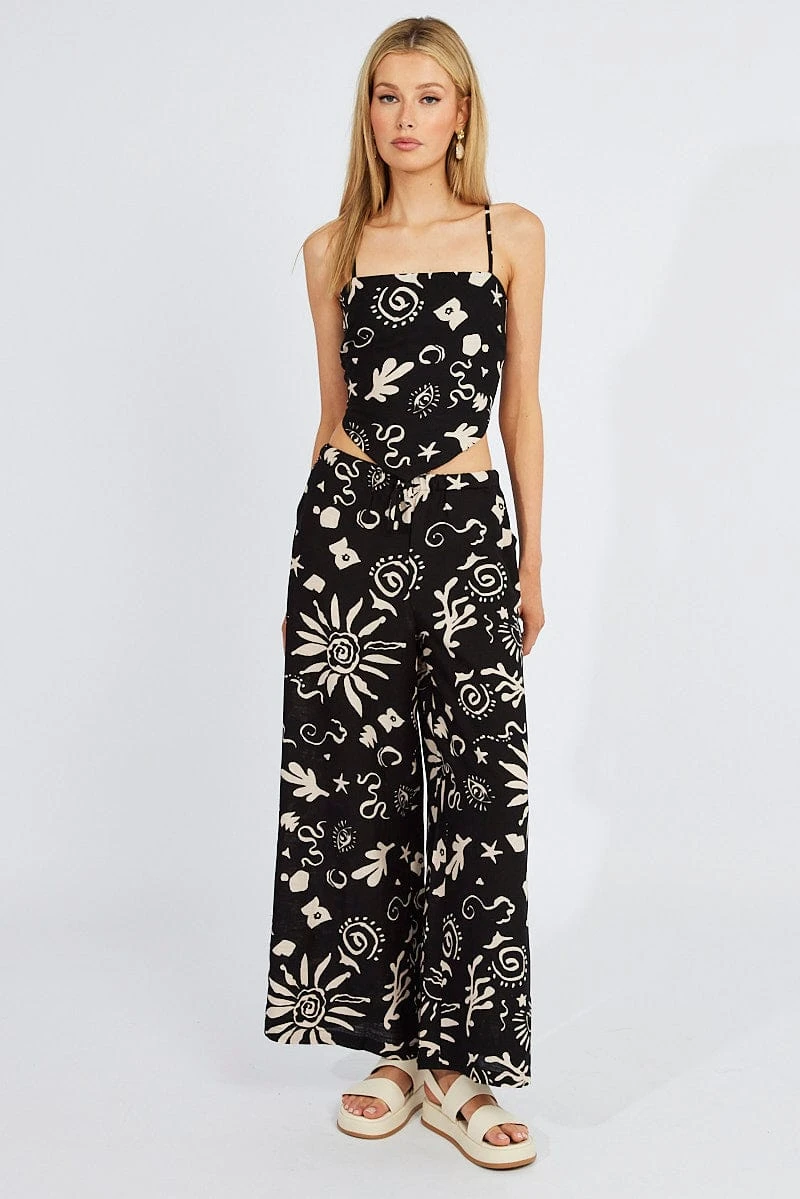 Black Abstract Wide Leg Pants High Rise Linen Blend 4 Black Abstract Wide Leg Pants High Rise Linen Blend - Image 2