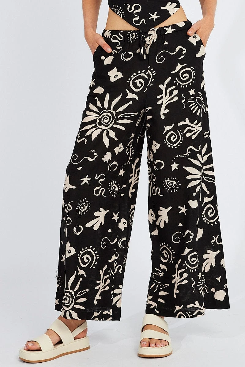 Black Abstract Wide Leg Pants High Rise Linen Blend 5 Black Abstract Wide Leg Pants High Rise Linen Blend - Image 3